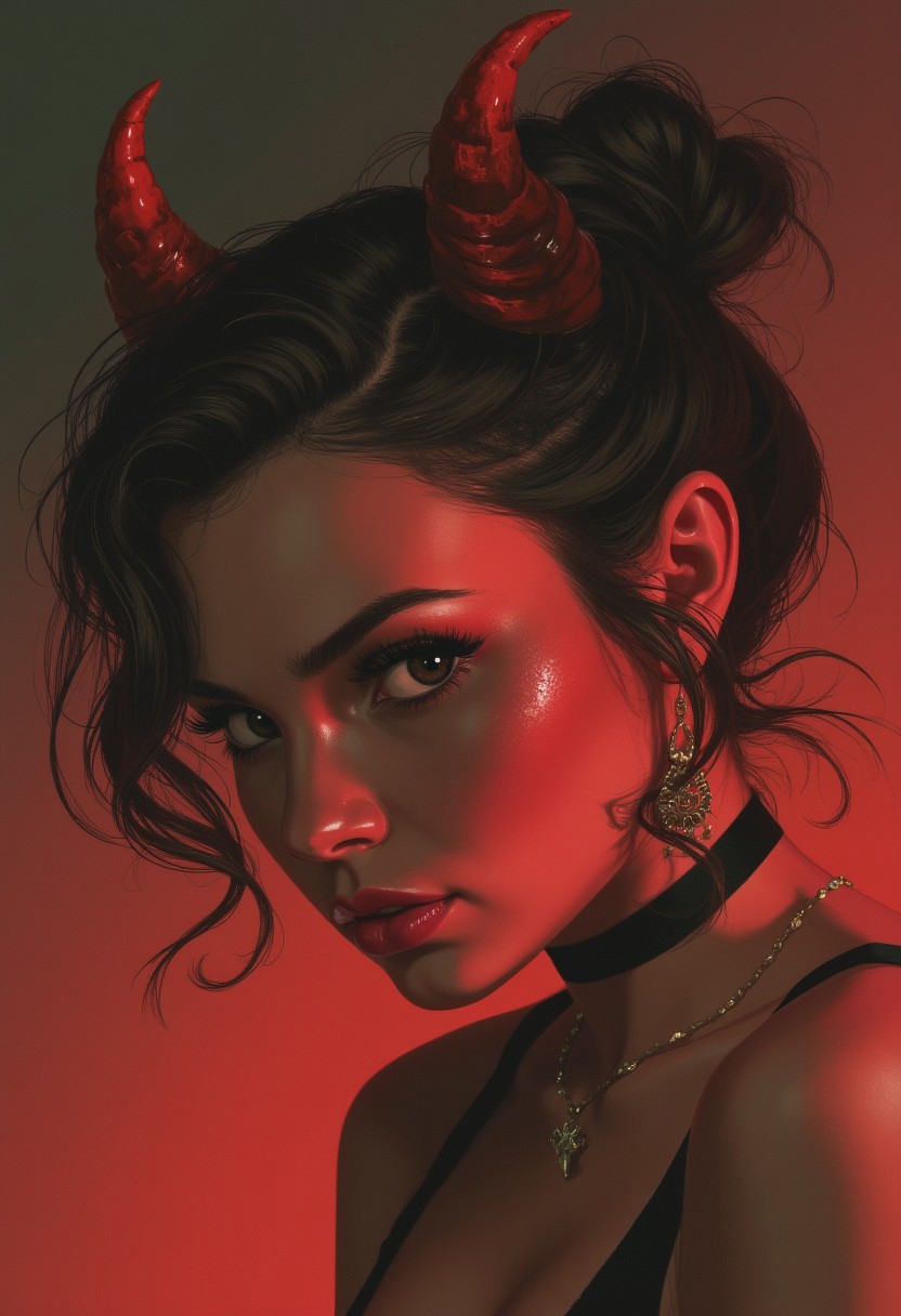 extraordinary concept digital painting of petite lascivious demonic female  in provocative and outrageous manner with perky horns, aesthetic, sensual, b74_aes, rogi,