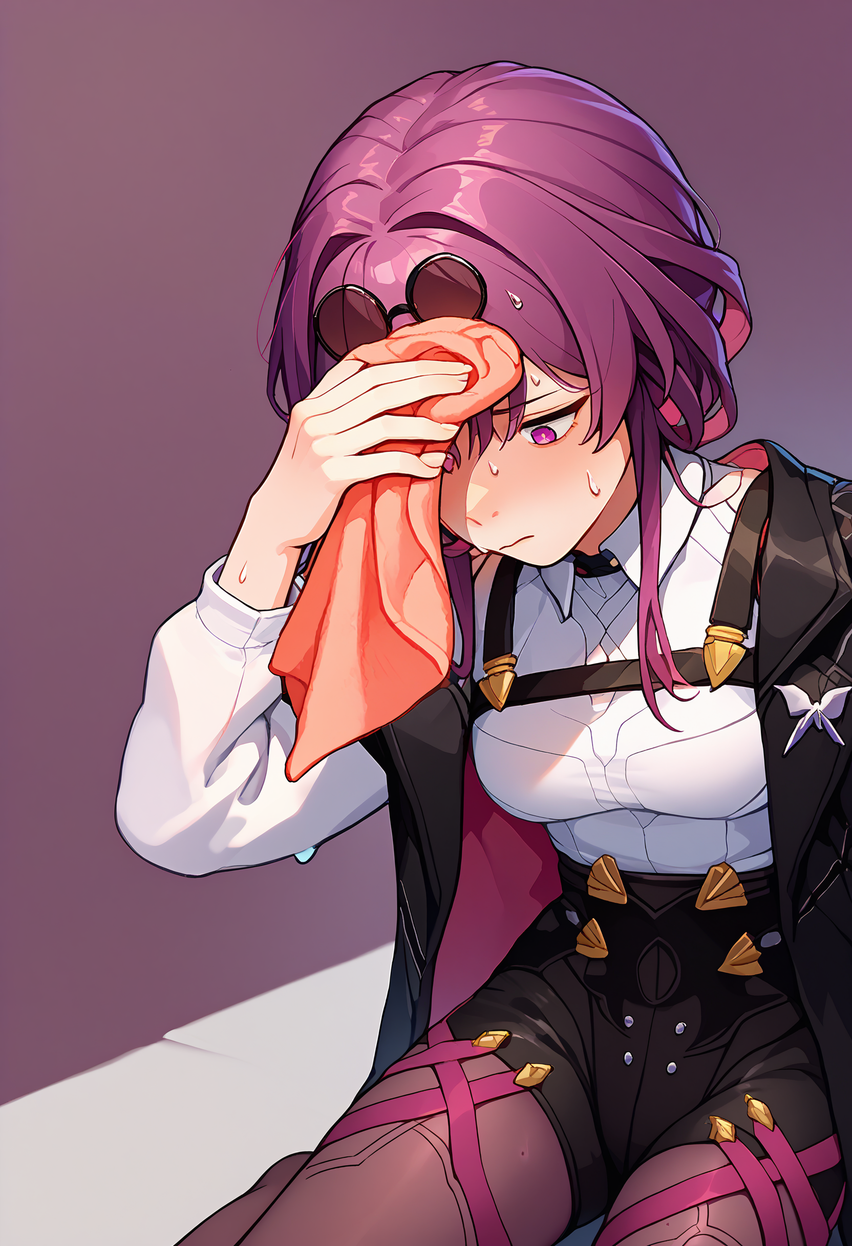 score_9, score_8_up, score_7_up BREAK solo, 1girl, clamKafka, purple hair, eyewear on head, SweatingTowelGuy, sweat, towel, wiping sweat, black jacket, white shirt, black shorts, purple pantyhose <lora:SweatingTowelGuy_XLPD:1> <lora:clamKafkaPDXL:1>