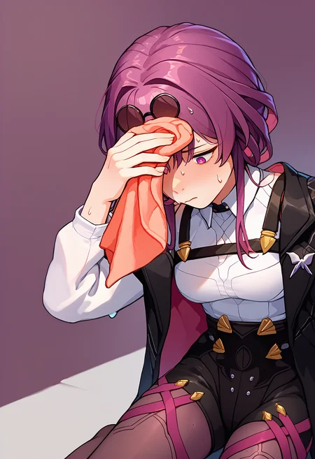 score_9, score_8_up, score_7_up BREAK solo, 1girl, clamKafka, purple hair, eyewear on head, SweatingTowelGuy, sweat, towel, wiping sweat, black jacket, white shirt, black shorts, purple pantyhose <lora:SweatingTowelGuy_XLPD:1> <lora:clamKafkaPDXL:1>