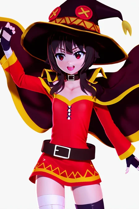 score_9, score_8_up, score_8, medium breasts, (curvy), cute, eyelashes, BREAK, , BREAK, <lora:konosuba-megumin-s2-ponyxl-lora-nochekaiser:0.7>, megumin, short hair, black hair, red eyes, short hair with long locks, thighhighs, gloves, positive:BREAK, hat, dress, black gloves, belt, black thighhighs, fingerless gloves, cape, collar, witch hat, bandages, red dress, single thighhigh, asymmetrical positive:BREAK, legwear, bandaged leg,, <lora:Zy0n7_PDXL:1.0>, , BREAK, smile, looking at viewer, cowboy shot, embedding:zPDXL, Expressiveh, <lora:SDXLFaeTastic2400:0.5>, <lora:Expressive_H-000001:0.4>,