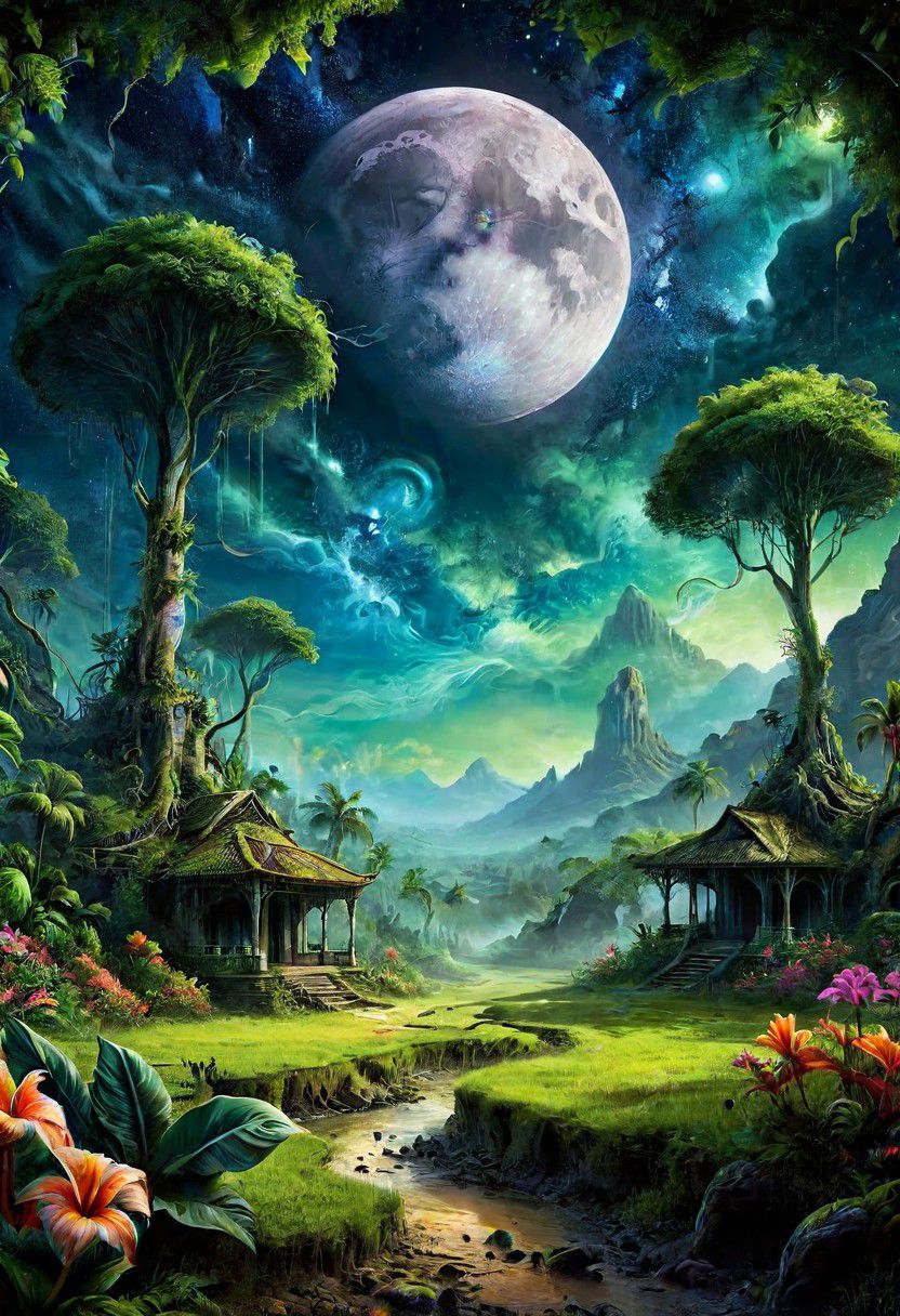 Concept Art, (masterpiece: 0.3) high detailed, bright natural lighting, shadows, high contrast, a tropical Forest in alien planet, two big moons in sky, Old civilization ruins, seeing (mythical alien like not on earth plantations Neon lights on Flower kind plants) Trees plants and flowers from the ground, view from below, atmospheric dreamscape painting, dream scenery art, highly detailed visionary art, cgi style, vibrant oil painting, splash art, Cozy mystery, masterpiece 8k wallpapper, neoplasticism, Unreal Engine, dramatic lightingvines, overgrown, ink stains, ink splatters, ink runs, ink spots, faded ink,ral-dissolve, linquivera, liiv1, on parchment