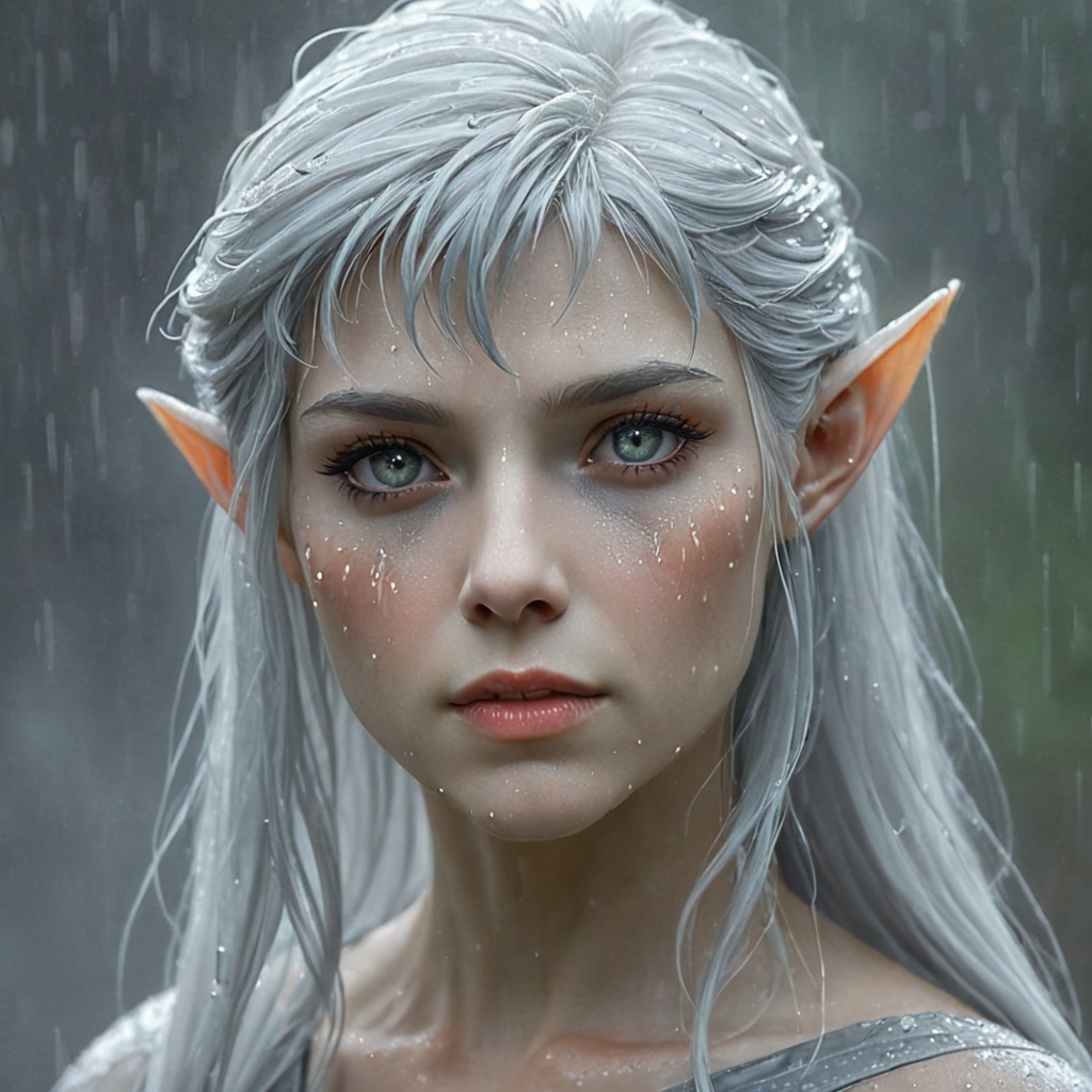 "An upper body photo of an elven princess with long, silver hair that clings to her face and shoulders, glistening with raindrops. Her striking, stormy blue eyes are filled with a quiet intensity, enhanced by the soft, natural makeup that highlights her ethereal beauty. Her pointed ears peek through her wet hair, adding to her mystical appearance. She is dressed in a simple, elegant gown of silvery fabric that appears to merge with the rain-soaked environment. The background is a misty, rain-drenched forest, with the rain softly falling around her, creating a serene yet haunting atmosphere."

