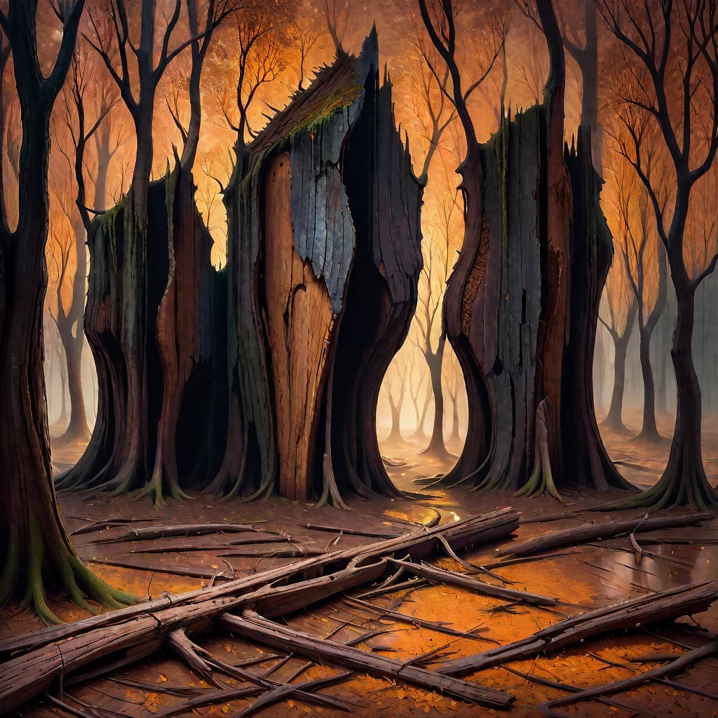 <lora:Wood-world_XL:1> in the style of wood-world_XL, surrealism painting, 16k, extreme detail, fine textures, dark shadows, dark, sharp lines, decay flatwoods, vivid colors. beautiful. revealing. masterpiece. cracked. Hungarian landscape, doglegs, derelict