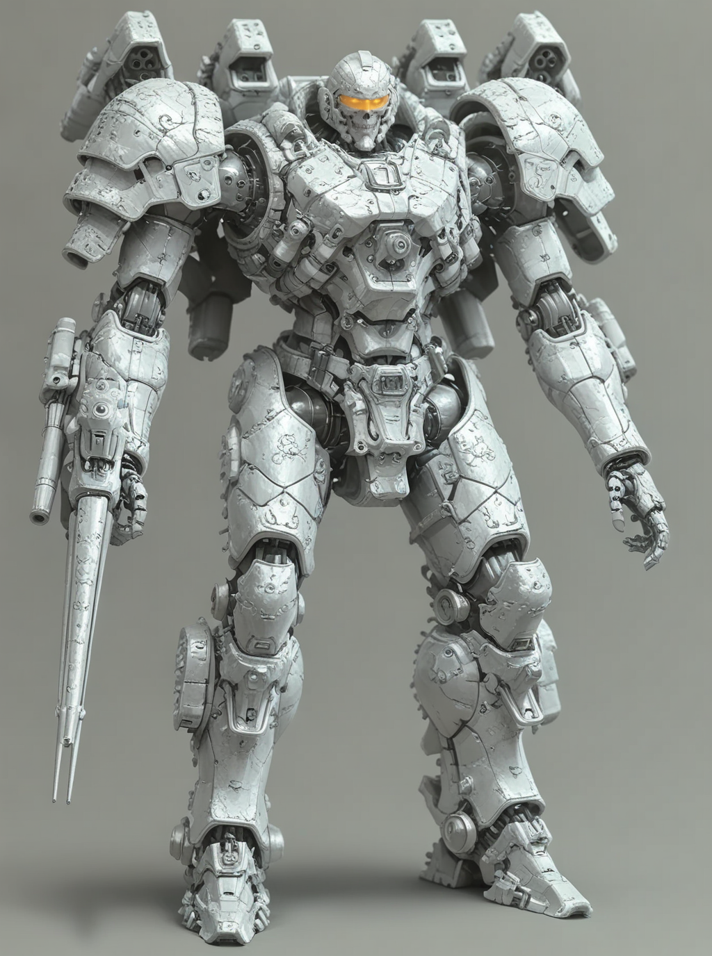 sref7036, overdesigned heavy armored mecha, big shoulders, arm cannon, cartridge belt, visor, <lora:sxz-sref7036:0.8>