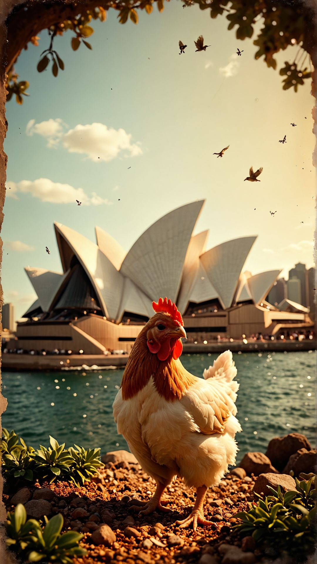 flux-style, photograph, desolate flora, Disruptive (Chicken:1.3) , Techno Sydney Opera House in background, Spring, Wide view, Fae, intricate details, Heterotype, Canon 5d mark 4, 35mm, Sepia filter, cosmic energy, <lora:aidmaFluxStyleXL-v0.2:0.8>,
<lora:aidma-Image Upgrader-v0.1:0.451>, 
<lora:CBS_novuschroma37 style_b:0.8> novuschroma37 style,style of experimental photography, light leaks, double exposure