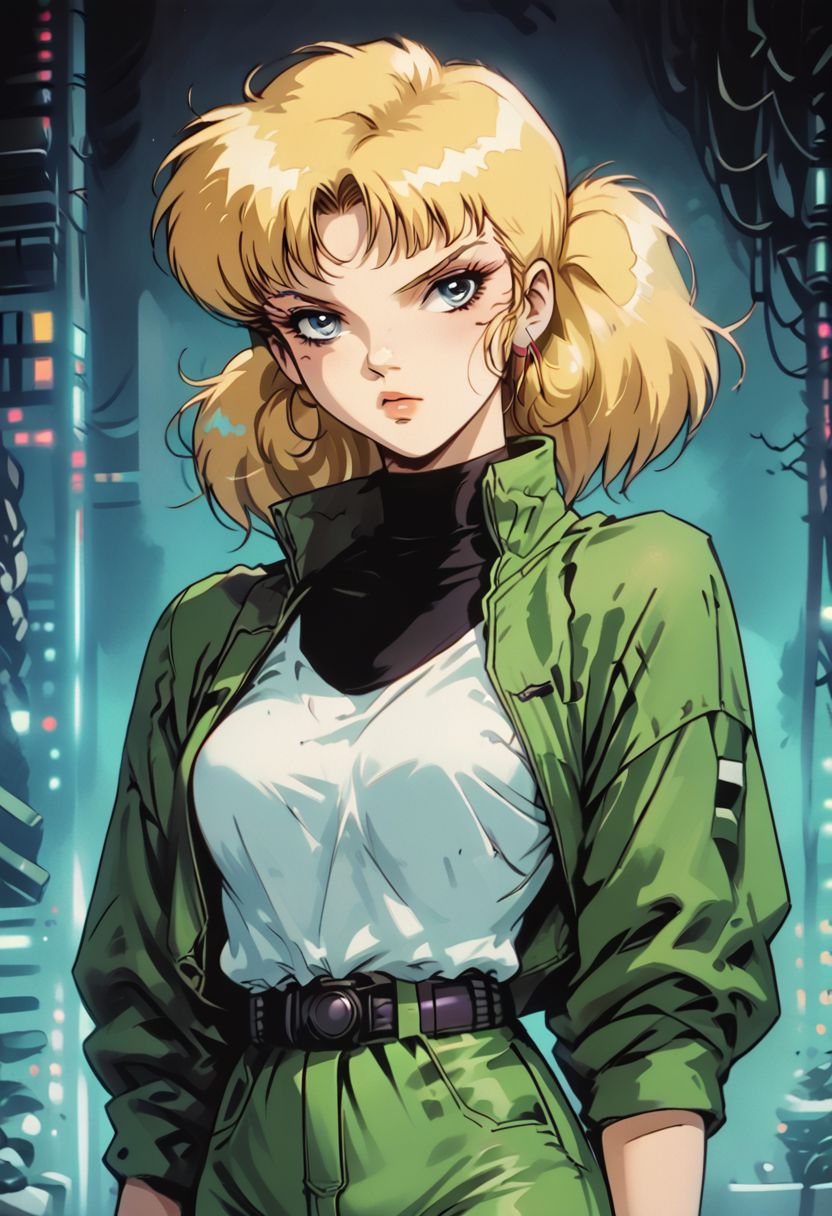 score_9, score_8_up, score_7_up, score_6_up, score_5_up, score_4_up, source_manga, rating_questionable, 1girl, penny \(inspector gadget\), human, cyberpunk, punk, breasts, undercut, blonde hair, pigtails, blue eyes,
shirt, stripe, green pants, cowboy shot, night, neon, vaporwave, retro artstyle, tv still, halftone effect, knva,1990s \(style\), Vintage,