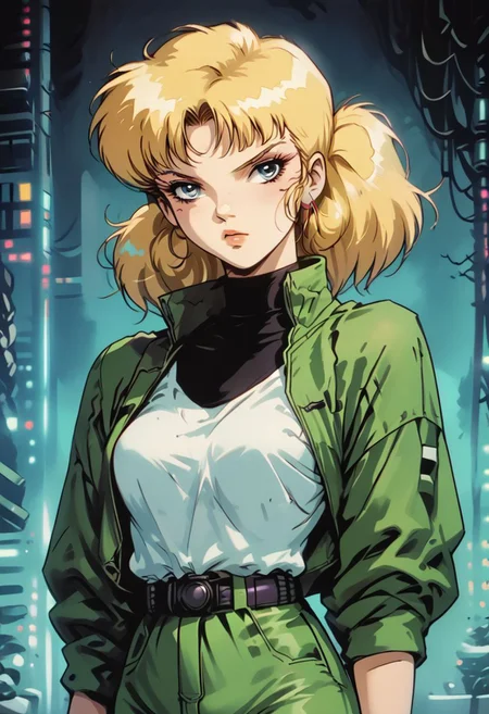 score_9, score_8_up, score_7_up, score_6_up, score_5_up, score_4_up, source_manga, rating_questionable, 1girl, penny \(inspector gadget\), human, cyberpunk, punk, breasts, undercut, blonde hair, pigtails, blue eyes,
shirt, stripe, green pants, cowboy shot, night, neon, vaporwave, retro artstyle, tv still, halftone effect, knva,1990s \(style\), Vintage,