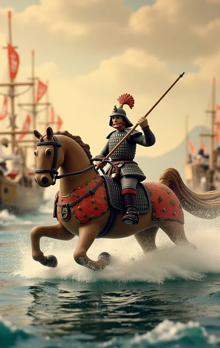  claymation, 
Japanse art, ships and samurai on horses going to war