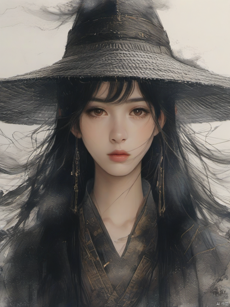 ananmo, solo, black hair, 1girl, long hair, closed mouth, lips, upper body, white background, covered eyes, simple background, hat, facing viewer, hair over eyes, pale skin, ananmo