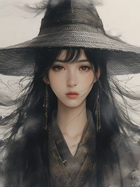 ananmo, solo, black hair, 1girl, long hair, closed mouth, lips, upper body, white background, covered eyes, simple background, hat, facing viewer, hair over eyes, pale skin, ananmo