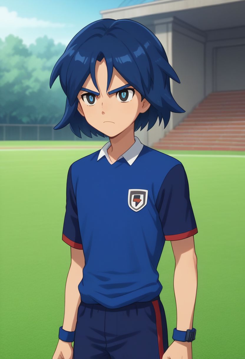 score_9, score_8_up, source_anime, highly detailed, 1boy, solo, male_focus, slender, skinny,
hikaru, solo, soccer uniform, 1boy, male focus, blue hair, sportswear, standing, socks, blue eyes, frown, upper body,
outdoor,