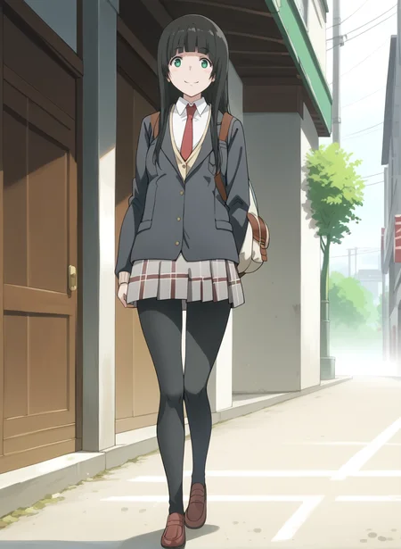 (score_9,score_8_up,score_7_up,source_anime,anime,nsfw,rating_explicit,uncensored),(High quality, Ultra detailed, best quality, insanely detailed, beautiful, masterpiece,perfect lighting) BREAK <lora:kowata_makoto_V1:1>,(kowata_makoto, long hair, black hair, green eyes, blunt bangs, bang, small breasts, school uniform, cardigan, pleated skirt, black pantyhose, red necktie, plaid skirt,grey skirt,white shirt,loafers,blazer,backpack),1girl,solo,smile,walking,outdoors,from_below,,looking_at_viewer,