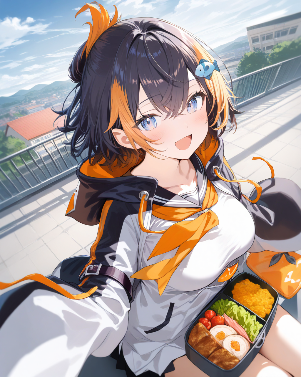 1girl,
PetraGurinNijisanji,
safe, solo, perspective, dutch angle, upper body,
dating, looking at viewer, \:d,
school uniform,
sitting, lunchbox, thigh,
fish hair ornament,
two-tone hoodie, long sleeves,
sleeves past fingers,
arm strap,
black sailor collar, orange neckerchief,
white shirt, large breasts, white shirt, 
school, rooftop, wind,
depth of field,
<lora:kp_PetraGurinNijisanji1stCostumeAnimagineXL_v1_1:1.0>,
masterpiece, high score, great score, absurdres