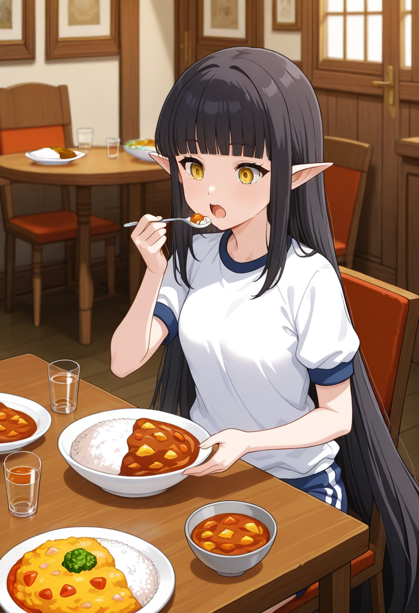 best quality, 1girl, krbl, pointy ears, very long hair, blunt bangs, gym uniform, food, sitting, curry rice, open mouth, table, holding spoon, chair, glass, indoors, eating, restaurant, hand up, <lora:krbl_s_il_1.1:1>
