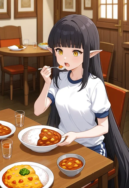 best quality, 1girl, krbl, pointy ears, very long hair, blunt bangs, gym uniform, food, sitting, curry rice, open mouth, table, holding spoon, chair, glass, indoors, eating, restaurant, hand up, <lora:krbl_s_il_1.1:1>