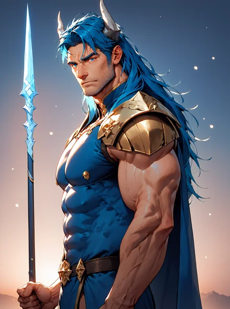 score_9, score_8_up, score_7_up, score_6_up, score_5_up, score_4_up, zPDXL3, 1boy, Mort, frontal view, solo, western comic style, bara, handsome, muscular, heavily built, pale skin, chiseled, blue hair, side view, long hair, blue hair, long hair, blue eyes, masculine, horns, (white and blue robes), gold shoulder armor, holding polearm, muscular, horns, light skin, dynamic lighting, realistic, lineart, flat color, masculine, fantasy background, sunset, volumetric, dynamic lighting, bokeh, <lora:MGS_V2_Pony:0.3> <lora:Rob_Liefeld_Chad_Bowers_And_Associated_Artists_Marvels_Deadpool_Badder_Blood_1-5_Artstyle_Blend_PonyXL:0.25> <lora:Mort_-_Epic_Seven_Pony-000004:0.8>
