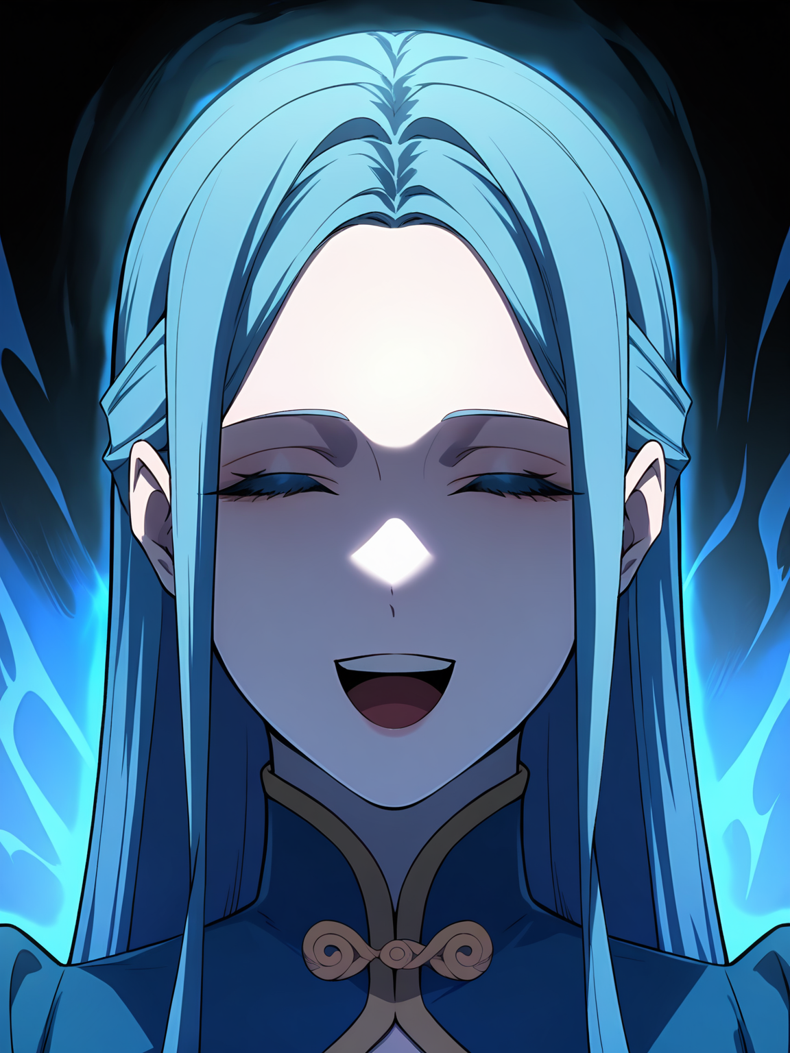 <lora:Alicia:0.8>, alicia, 1girl, solo, long blue hair, long sidelocks, pale skin, blue high collar, blue puffy sleeves, gold trim, smiling with eyes closed,  open mouth, shadow over face, frontal view, portrait, blue energy aura, black background