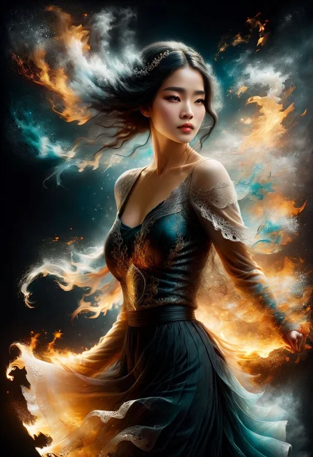 (Masterpiece, high quality, best quality, official art, beauty and aesthetics:1.2), composed of fire elements, extremely detailed Alcohol ink, windy, rimlit, beautiful Chinese goddess wearing a dissolving hanfu in flames, silhouetted and backlit by the light of a huge full moon. Holding a transparent, lacy Kung fu fan. Backlight shines through her long, wavy black hair. A long, delicate, transparent, ornate, intricate silk gown caught by the breeze trails out around her. The gown is on fire, giving off flames and sparks, and dissolves into tendrils and swirls of smoke dispersing in the breeze. Rim lighting highlights her diaphanous gown. Long tresses of swirling black hair, luxurious and wavy, backlit by the light of the full moon, with rim lighting highlighting its intricate details. A delicate, transparent kung fu fan, elaborately decorated with lace and floral patterns, on fire. She fans the smoke, and sparks. A black background with a huge full moon provides ethereal backlighting, shining through the silk gown and hair of the goddess. A mystical night scene with flowing light strands and sparks against a black background. Swirling particles of light surround the goddess. Dominant colors of cream, amber, scarlet, ember, teal, and black, creating a beautiful, mysterious, and ethereal atmosphere.