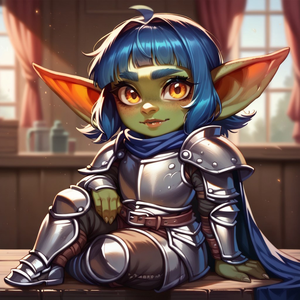 (((detailed, beautiful, high quality))), score_9, score_8_up, score_7_up, solo, full body,
1girl, female focus, dndg0blin, g0b armor, g0b cape, shortstack, 
looking at the viewer, posing, sitting,
blurred background, fantasy background, inroom,