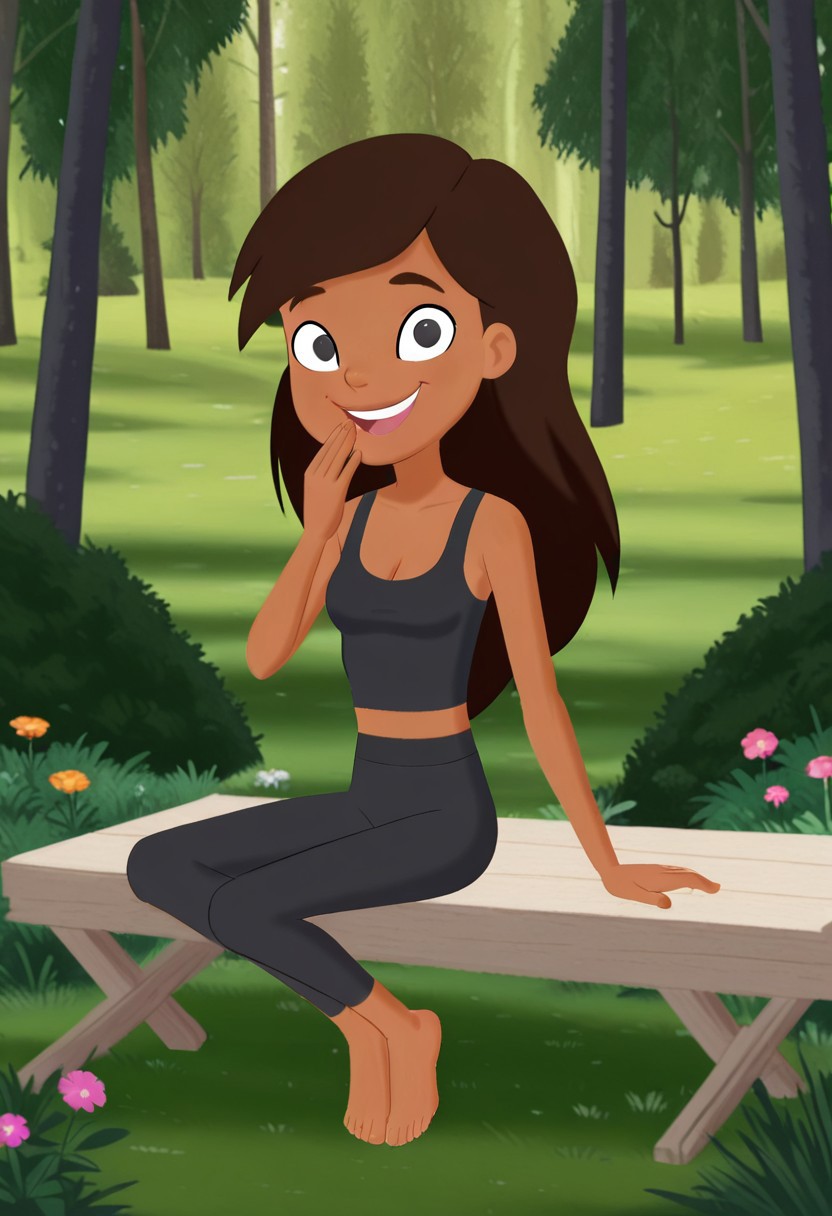 ,score_7, score_8, score_9, well drawn, detailed, 2d, flat colours, animated drawing, line art, flat colours, perfect hands, perfect feet,
wenda, 1girl, long hair, dark skin, huge eyes, black eyes, brown hair, dark-skinned female, perky tits, eyebrows, fit brawny body, thin limbs, eyelashes.
black yoga pants, black tank top, cleavage, midriff, barefeet, bedroom eyes, sitting, forest, trees, bushes, flowers, pov feet, laughing, looking at viewer, focus feet, fullbody, natural lighting,