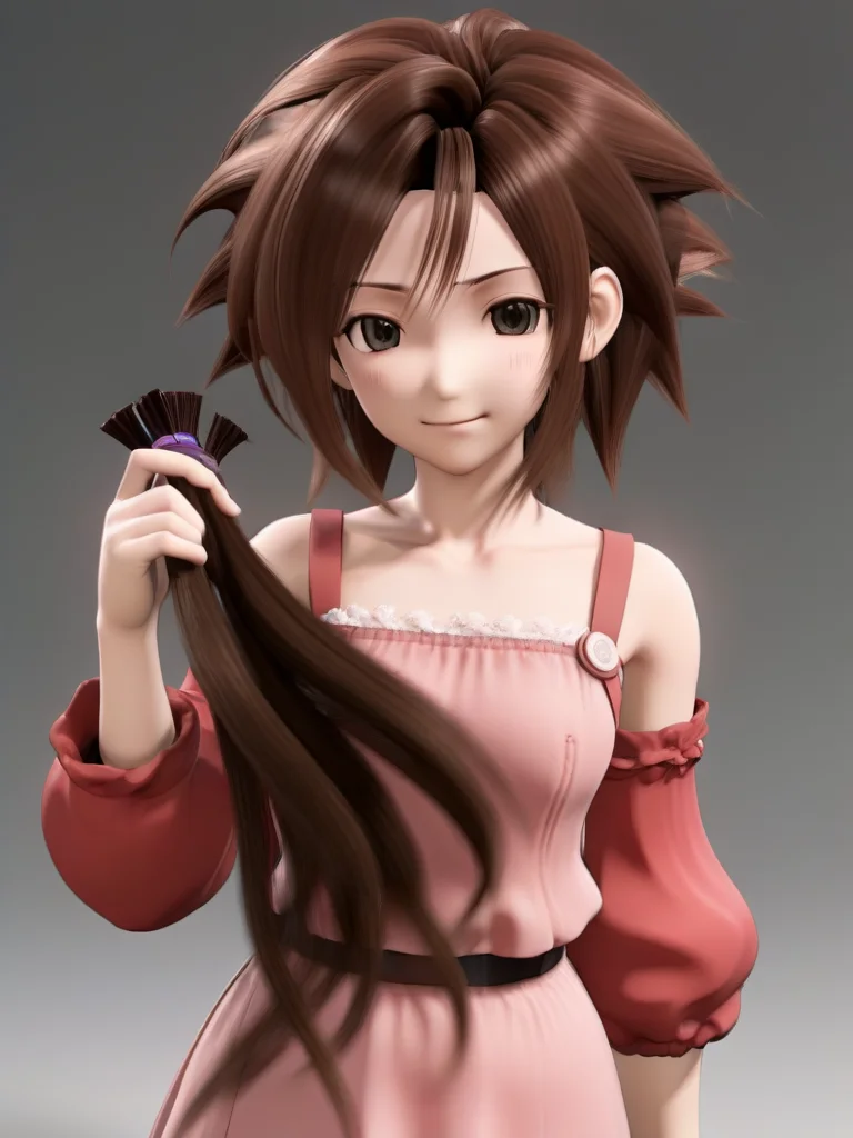 aerith final fantasy, with a short hair holding a huge amount of her (cut off hair:1.2) <lora:extreme_haircut_v2:1>