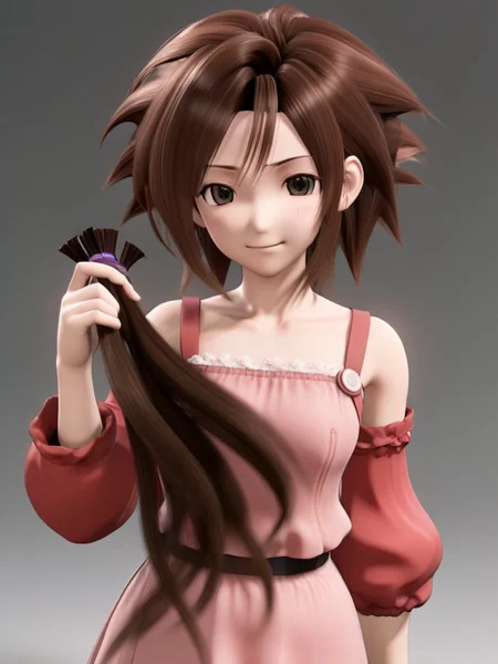 aerith final fantasy, with a short hair holding a huge amount of her (cut off hair:1.2) <lora:extreme_haircut_v2:1>