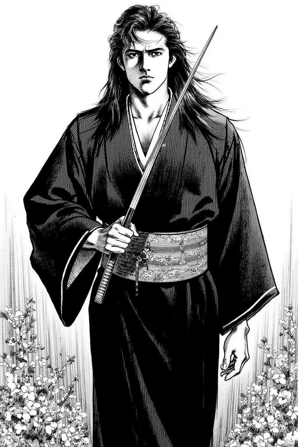 1keryo illustration.
A tall Japanese Samurai Ronin with a stern, serious expression. He has long, dark hair. He is dressed in a traditional Japanese robe, which is black with intricate details. He is carrying two Japanese katanas on his waist. <lora:1keryo1_cap_d6a3e12:1.0><lora:826545552792698459:0>
