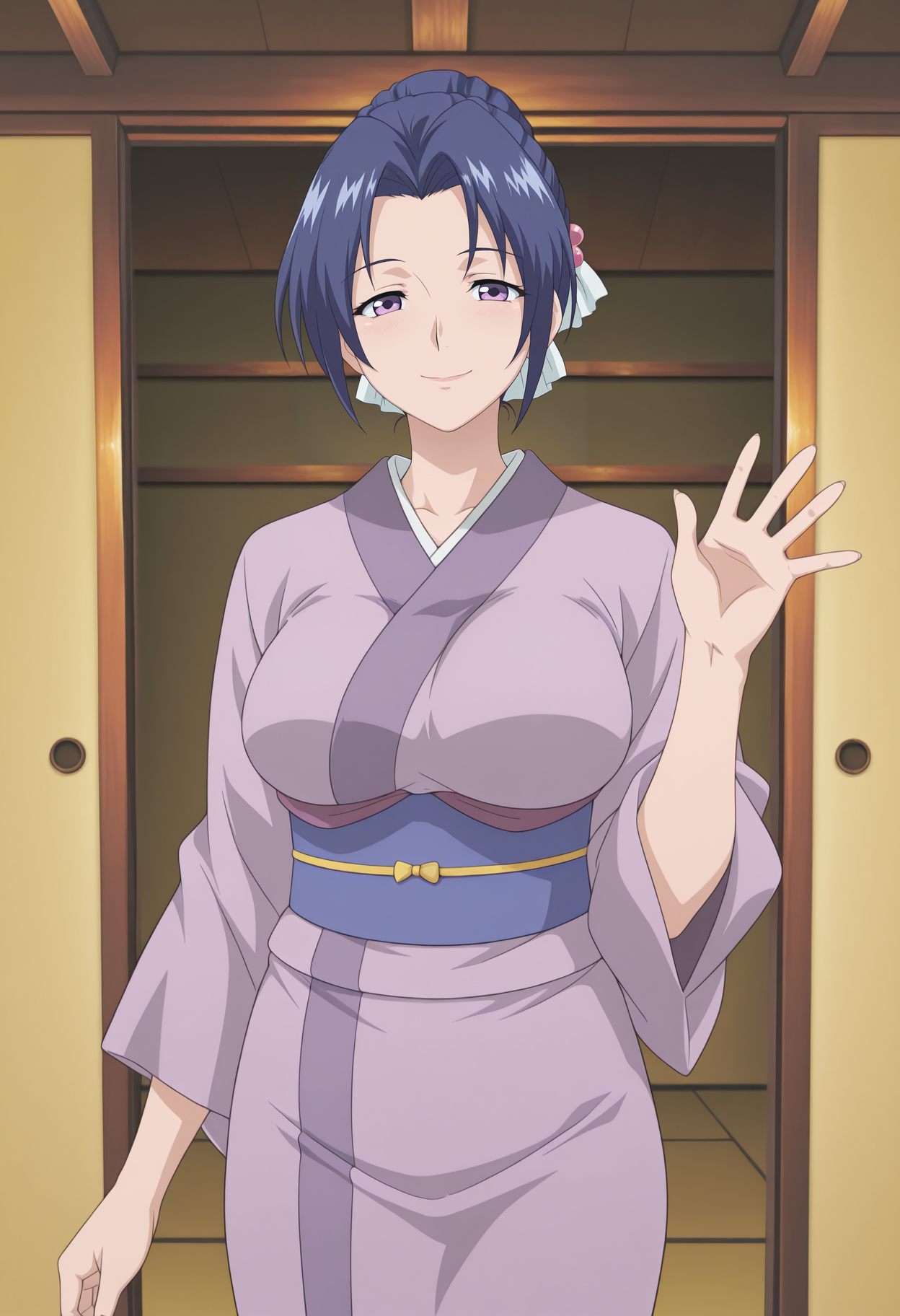 1girl,solo,mm,mature female,blue hair,hair ornament,hair bun,purple eyes,large breasts,anime coloring,
kimono,obi,sash,looking at viewer, smile,waving, cowboy shot, indoors
,masterpiece,best quality,amazing quality,<lora:Azusa-Ryoujoku_Hitozuma_Onsen_il:0.8>