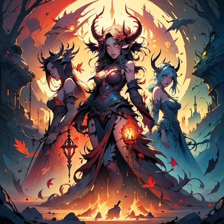 (masterpiece, best quality, highres, high resolution:1.2), extremely detailed, intricate details, 3girls, multiple girls, full body, looking at viewer, red, <lora:aperfectmonster_v10-BAKED:0.6> aperfectmonster, surreal <lora:wrenchsfantasy-000016:0.8> wrenchsfantasy, fantasy, glowing, glowing eyes, horns, plant, leaf