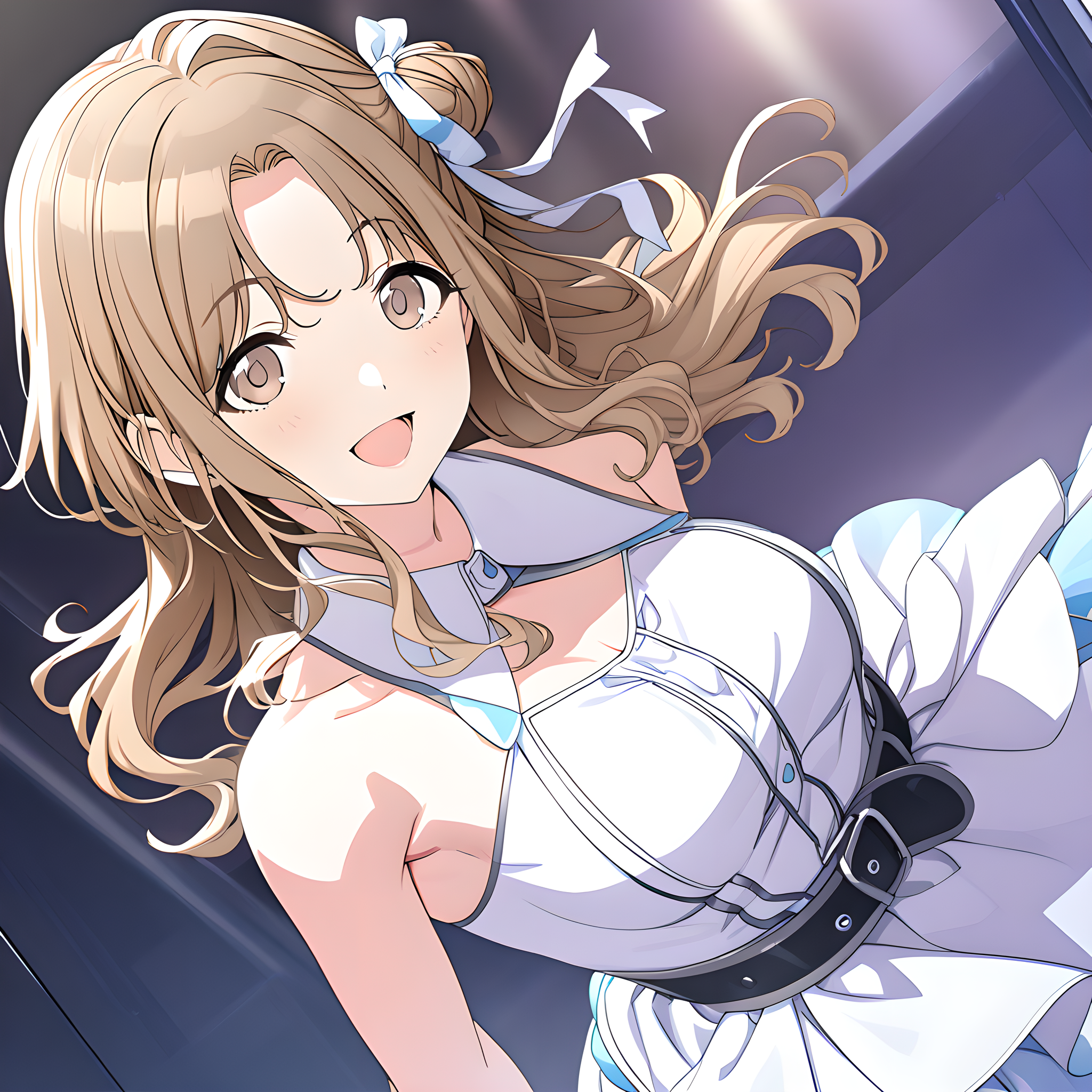 (masterpiece),(best quality),(ultra-detailed),(best illustration),(best shadow),(absurdres),(detailed background),(very aesthetic),
ichikawa_hinana, 1girl, solo, brown hair, blurry background, looking at viewer, brown eyes, dress, hair bun, belt, upper body, hair ribbon, long hair, ribbon, single hair bun, detached collar, simple background, smile, open mouth, microphone, idol, bare shoulders, single side bun, white dress, idoldress
<lora:Ichikawa_Hinana:1>