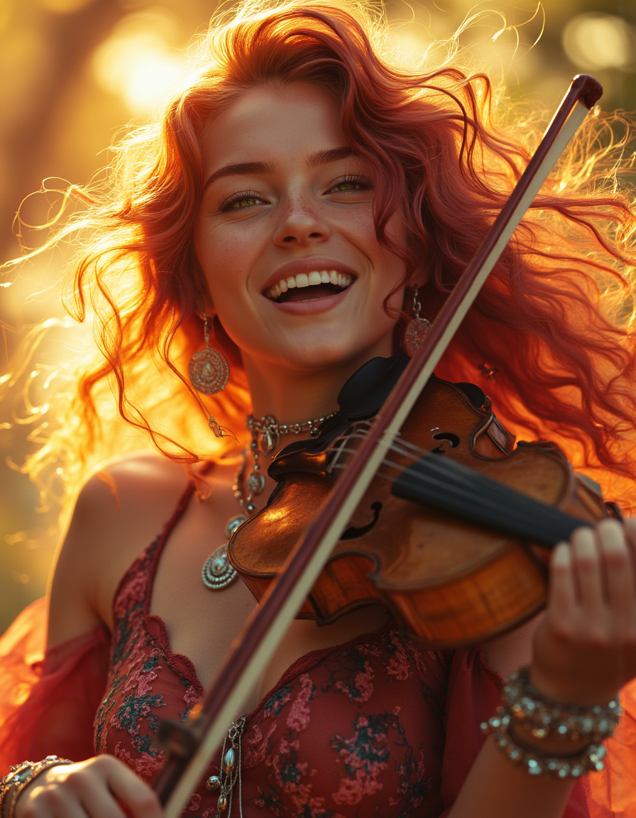 Stunning beautiful, masterpiece, raw quality, best quality, extremely detailed. Create an ultrarealistic portrait of a captivating bard with flowing auburn hair and tender green eyes ablaze with intense passion, holding an enigmatic yet fiery gaze that captivates the viewer. She is laughing heartily, her wide-open smile radiating pure joy, with her eyes crinkling at the corners, and her head slightly tilted back in a moment of uncontainable laughter. The bard plays an enchanting melody on her instrument as sunlight streams through her flowing hair, creating a halo effect, (lens flare:1.8), while sparkling and dust particles dance in the warm golden light, light fog, adding a magical quality to the atmosphere. She wears a flowing, vibrant dress adorned with intricate floral patterns that shimmer in the light, complementing the hues of the sunset sky. Around her neck, she sports a delicate silver necklace adorned with intricate charms that glimmer in the light, and her wrists are adorned with beaded bracelets that jingle softly with every movement. Capture the scene from a 'bug's-eye view' perspective to enhance the sense of wonder. Depict the intricate details of the musician's facial expressions, the delicate interplay between the instrument's strings, and the vibrant sunset sky reflecting off the glossy wood. This portrait emphasizes the intensity of her joy, where the interplay between light and shadow magnifies the vibrant energy in her expression and the intricate details of her complexion, creating an emotional gradient that suggests time has paused to listen to the bard's timeless tale. <lora:ImageUpgraderV2:0.65> detailmaximizer  <lora:ARTifacts:0.75> art1fact.
