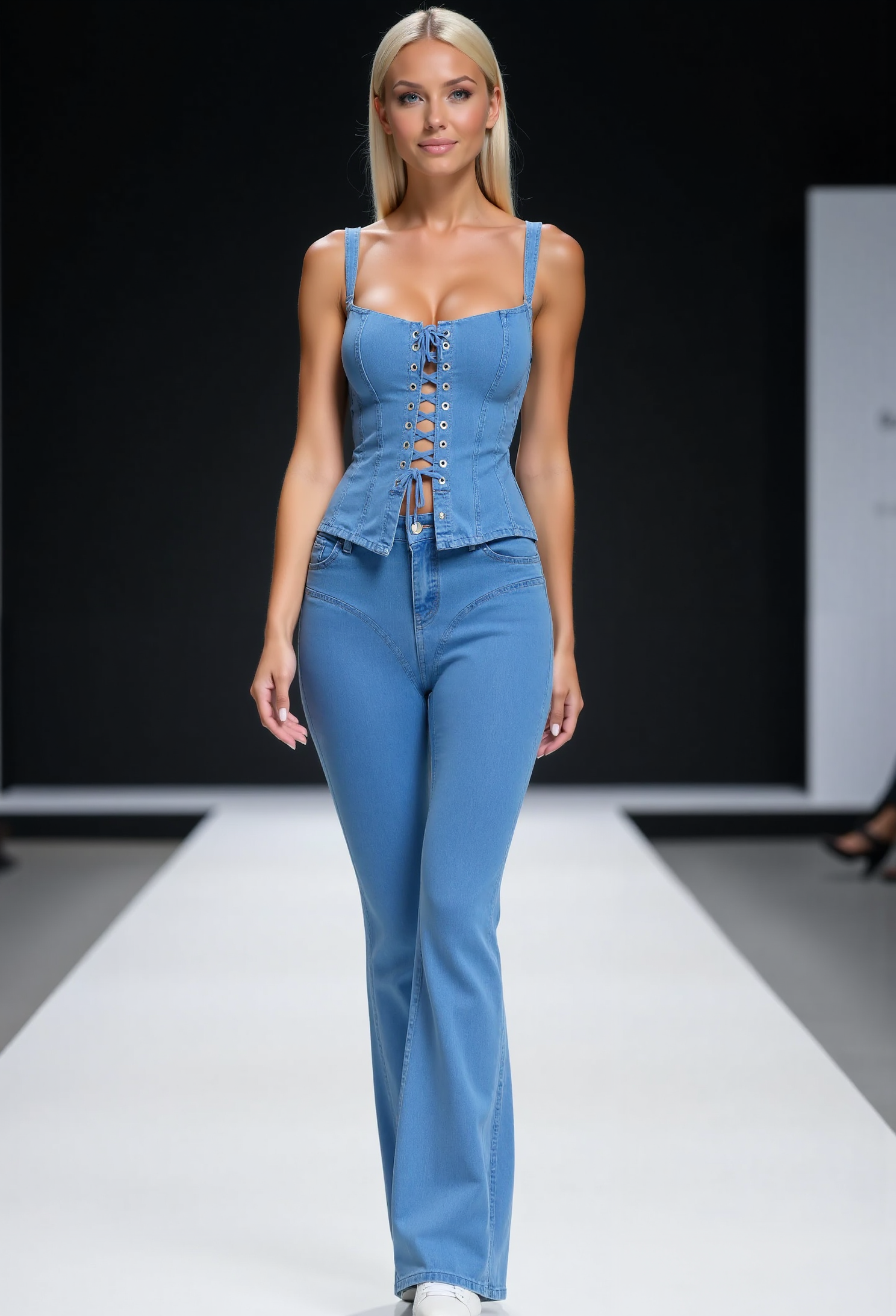 beautiful young woman, blond ponytail, medium round breasts, smile,clo020, wearing a mid-blue wash corset-style denim top with lace-up front, high-waisted flared jeans, modern styled white sneakers, posing on a catwalk