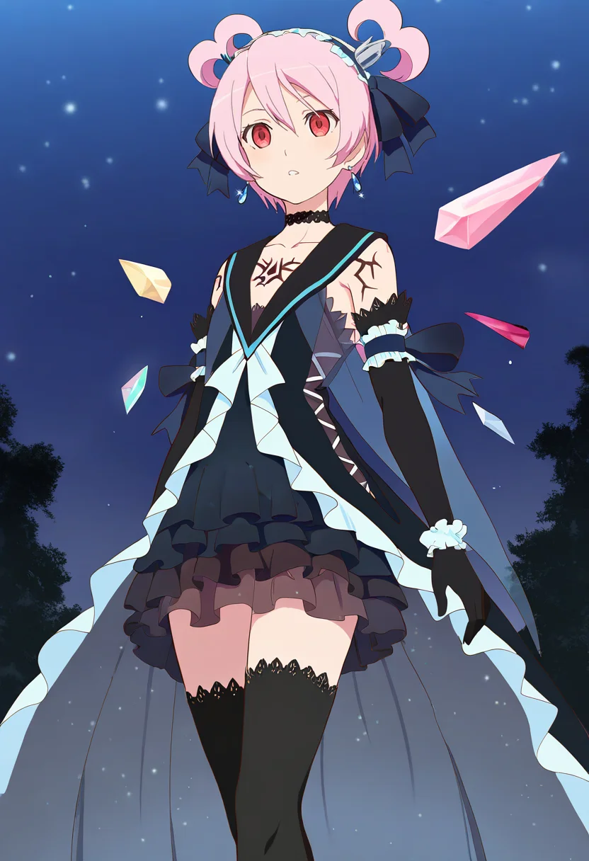 masterpiece, best quality, <lora:dark_kanonno1:1>, 1girl, solo, pink hair, dark kanonno, black dress, black thighhighs, hairband, elbow gloves, earrings, jewelry, choker, tattoo, earrings, night sky, cowboy_shot, full body,