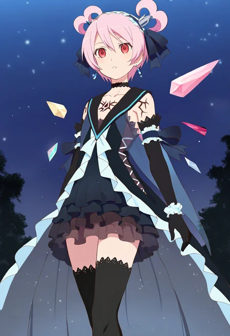 masterpiece, best quality, <lora:dark_kanonno1:1>, 1girl, solo, pink hair, dark kanonno, black dress, black thighhighs, hairband, elbow gloves, earrings, jewelry, choker, tattoo, earrings, night sky, cowboy_shot, full body,