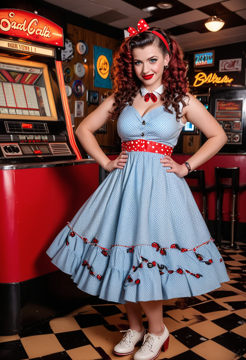 (medium full shot) of (edgy rockabilly) young woman, willowy build, long hazel curly down hair, brazilian, tan skin, light Blue eyes, wearing a white cherry print dress , saddle shoes, red lipstick, chunky bangles wearing a hair scarf, set in  a lively dance hall, with a vintage jukebox, checkerboard dance floor, retro decor, stylish bar area, and vibrant lighting, during sunset, woman smiling, ,Masterpiece,best quality, raw photo, realistic, very aesthetic, dark