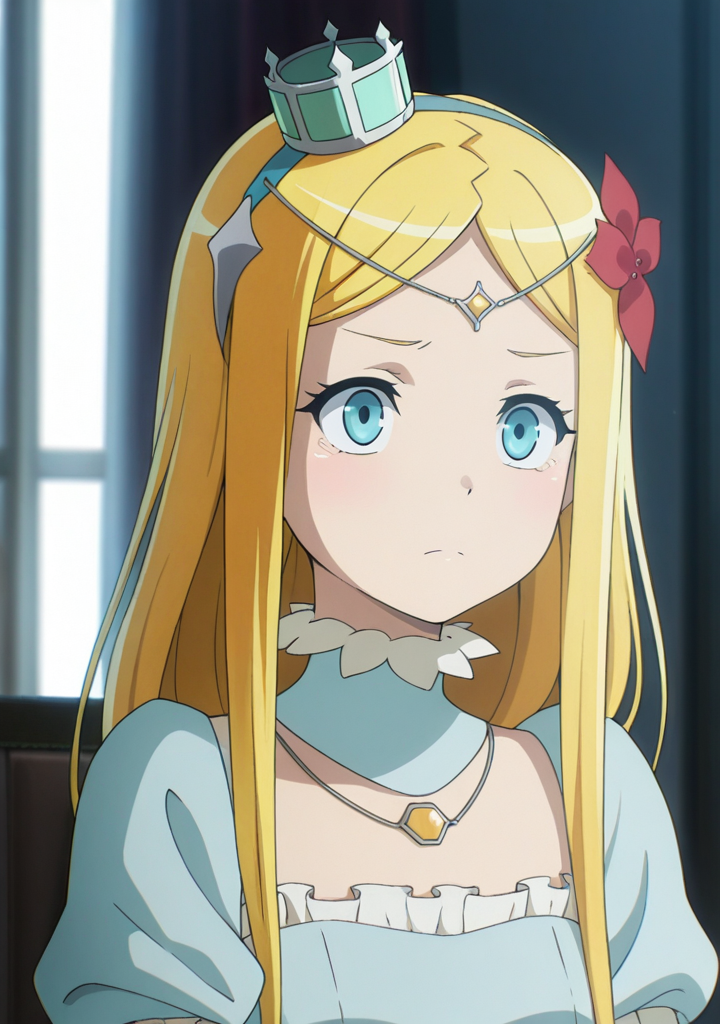 masterpiece,best quality,amazing quality,
r3nn3rwh1t3,long hair,blonde hair,blue eyes,hair ornament,hair flower,crown,<lora:Renner_Theiere_Chardelon_Ryle_Vaiself:1>,