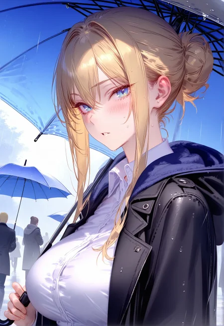 masterpiece, best quality, <lora:RAR 0.4v:1>,RAR,
1girl, solo, breasts, looking at viewer, blush, blue eyes, shirt, large breasts, blonde hair, hair between eyes, jacket, white shirt, upper body, sidelocks, outdoors, parted lips, collared shirt, solo focus, hood, hair bun, from side, coat, black jacket, umbrella, hood down, single hair bun, black coat, rain, hooded coat