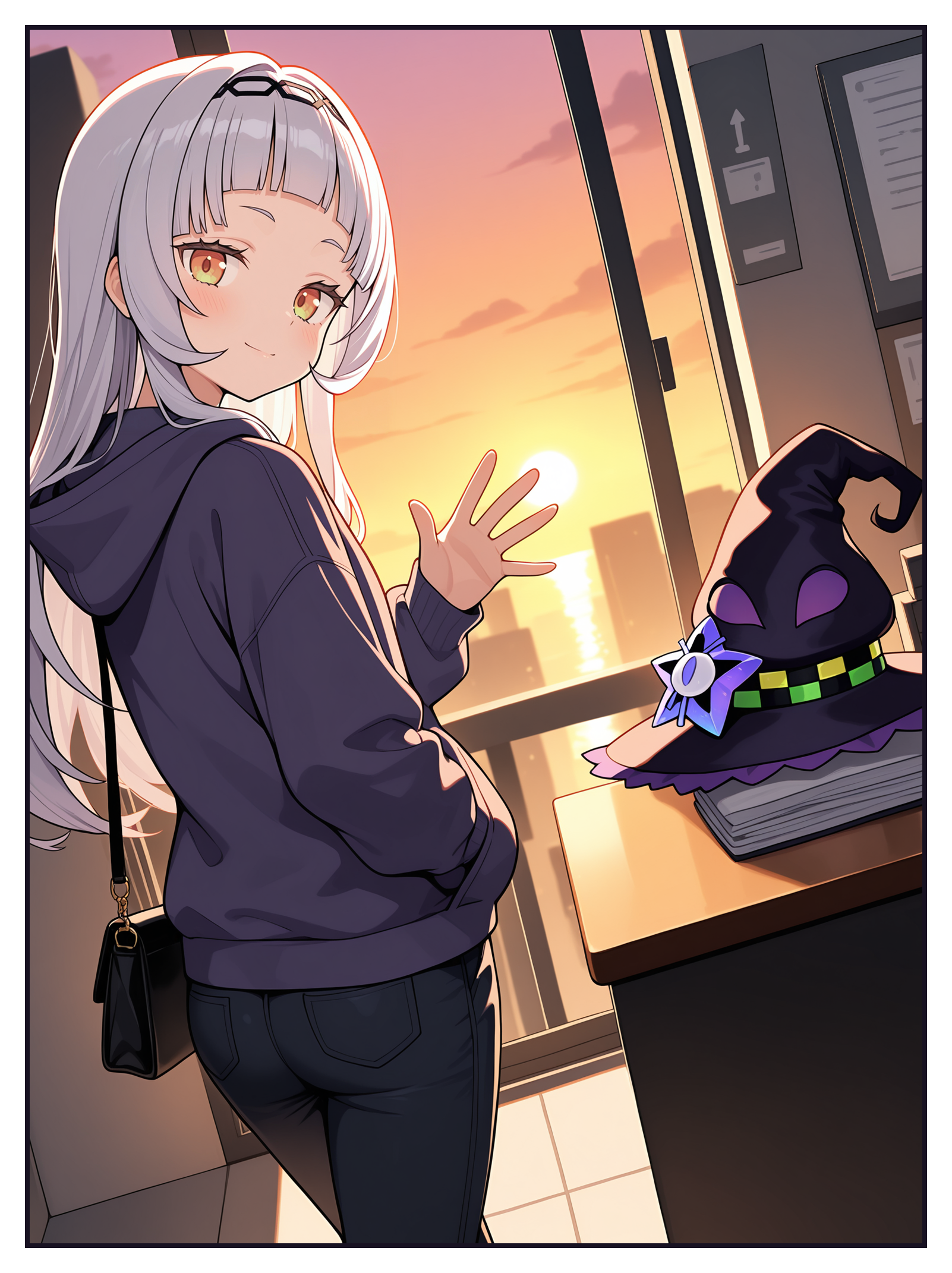 masterpiece, best quality, amazing quality, very aesthetic, absurdres, newest, solo, office, volumetric lighting, sunset, outside border, black border, dutch angle, vivid colors, office
BREAK 1girl, murasaki shion, hoodie, pants, handbag, looking at viewer, waving, light smile, head tilt, from side, walking away, black outline, doorway, exit sign, from behind, looking back, glass door,
BREAK murasaki shion \(cosplay\), witch hat, hat stand, faceless, glowing, desk, folded clothing, pinstrip top, skirt, hat on desk,