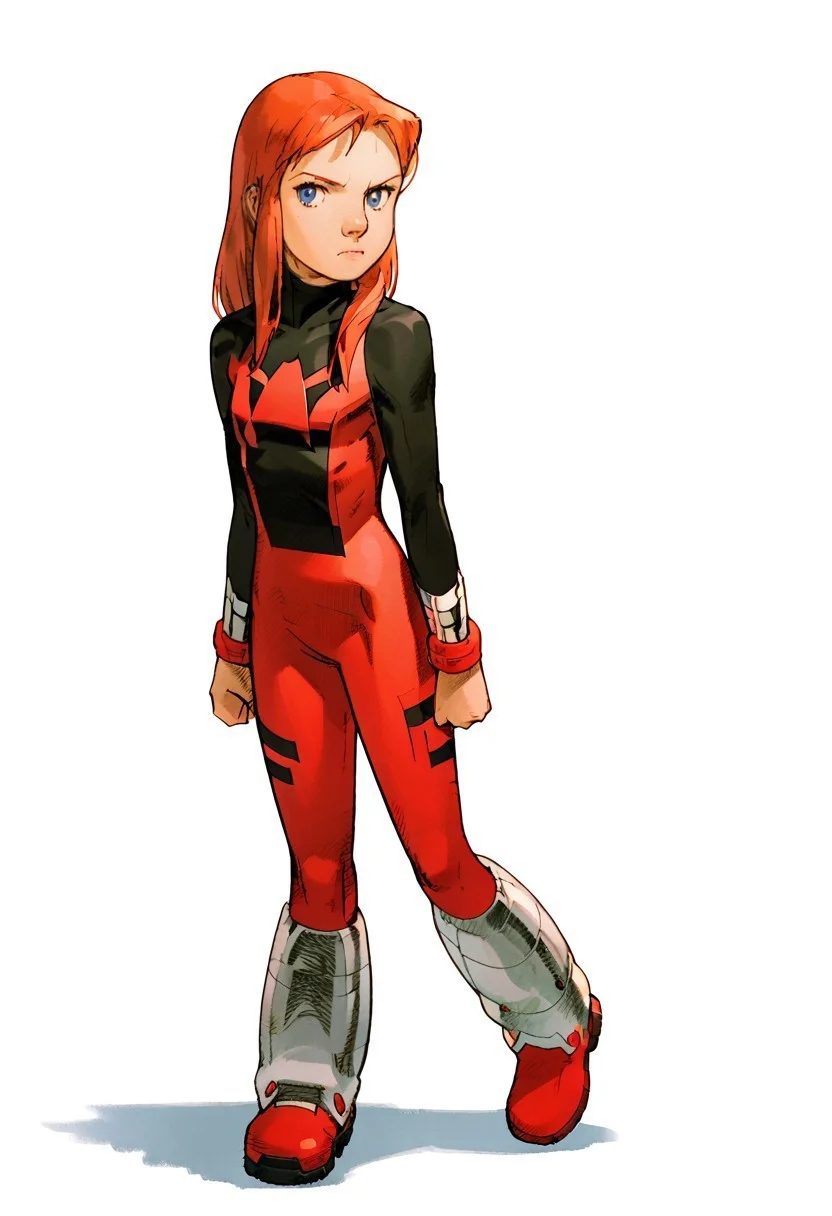 score_8, score_8_up, score_7_up, 1girl, solo, female focus, Julie_PP, red hair, long hair, blue eyes, flat chest, Power Pack uniform, asymmetrical clothes, LS_logo, print bodysuit, red bodysuit, black bodysuit, arms at side, clenched hand, metal boots, knee boots, MVC2style, full body, looking at viewer, standing, simple background, white background,