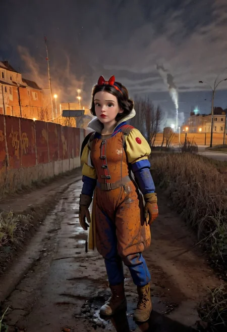 Rusted, rusted landscape, an Disney princess Snow White, wearing a Hazmat suit, walking on a side walk in a run down russian city, smoke, chem trails, extreme close-up, portrait, raw, masterpiece, extreme insanely realistic detailed and intricate, extreme realistic detail, doomer aesthetics, depressing feelings, night, panelka,vintage painting,painting,realism,
