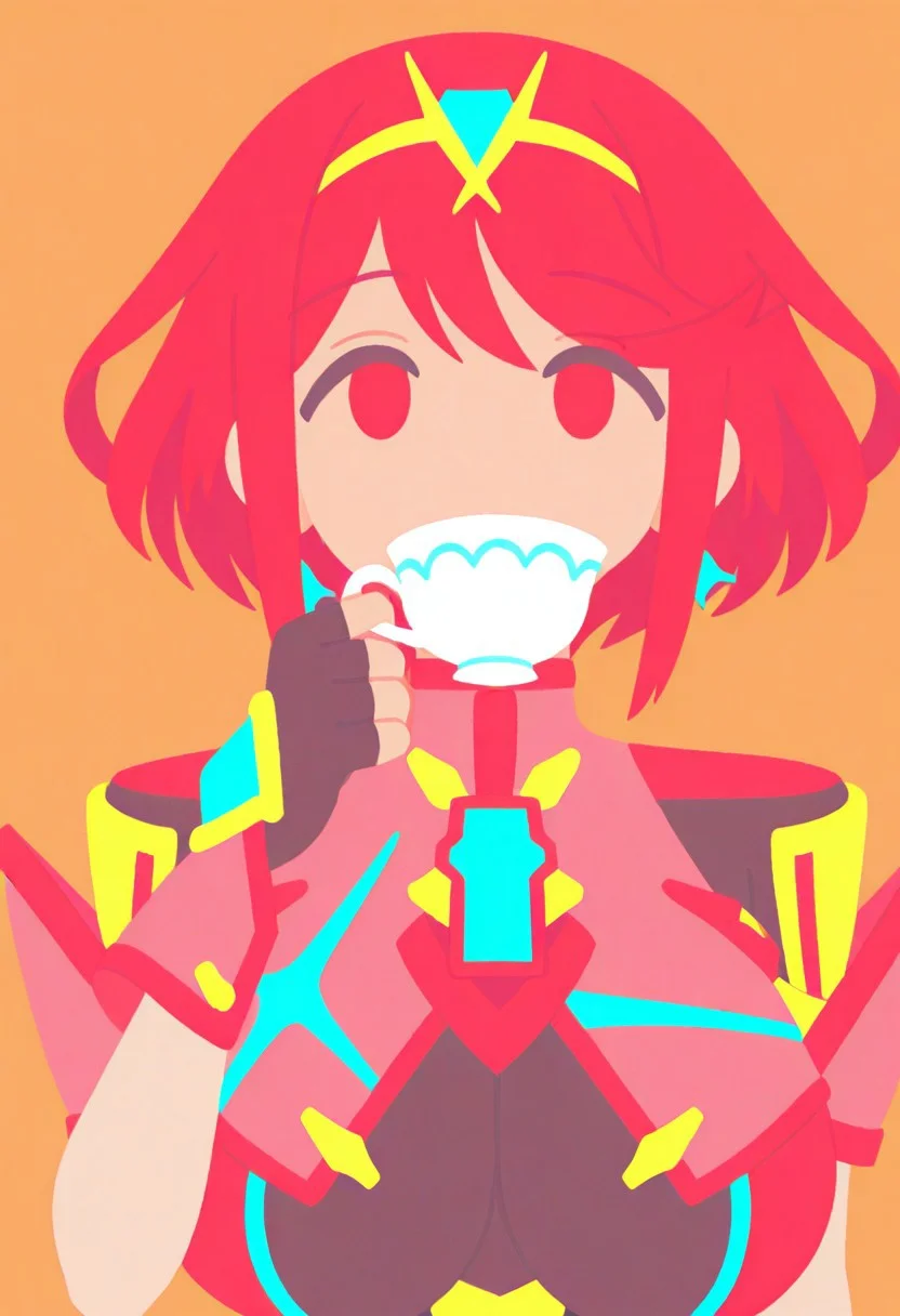 masterpiece, best quality, hires, absurdres, newest, 1girl, solo, <lora:pyra-xb-richy-v1_ixl:1> prdef, red eyes, red hair, short hair, tiara, earrings,(clear face,looking up,drinking tea,looking ahead),(chest jewel, large breasts, impossible clothes, fingerless gloves),(upper body,face focus,close to viewer),(holding teacup with one hand,drinking tea,lifting teacup,covering mouth with teacup),(simple background,orange background),(flat color,no lineart,kawaii,big head)