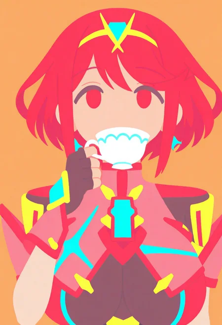 masterpiece, best quality, hires, absurdres, newest, 1girl, solo, <lora:pyra-xb-richy-v1_ixl:1> prdef, red eyes, red hair, short hair, tiara, earrings,(clear face,looking up,drinking tea,looking ahead),(chest jewel, large breasts, impossible clothes, fingerless gloves),(upper body,face focus,close to viewer),(holding teacup with one hand,drinking tea,lifting teacup,covering mouth with teacup),(simple background,orange background),(flat color,no lineart,kawaii,big head)