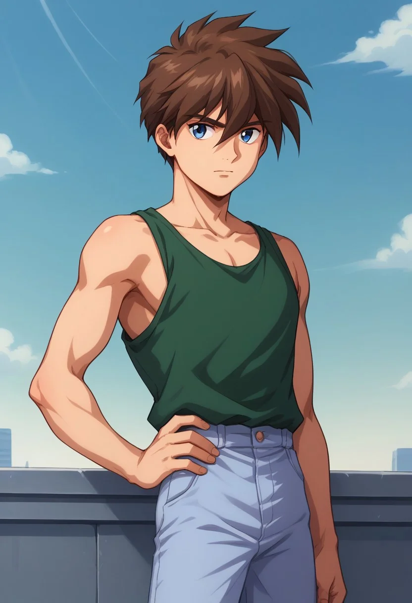 score_9, score_8_up, score_7_up, source_anime, highly detailed,
heeroyui, 1boy, male focus, solo, brown hair, hand on hip, blue eyes, hair between eyes,
pants, collarbone, green shirt, closed mouth, shirt, tank top, blue eyes,
sleeveless, spiked hair, looking to the side, blue pants, sleeveless shirt,
outdoor, sky,