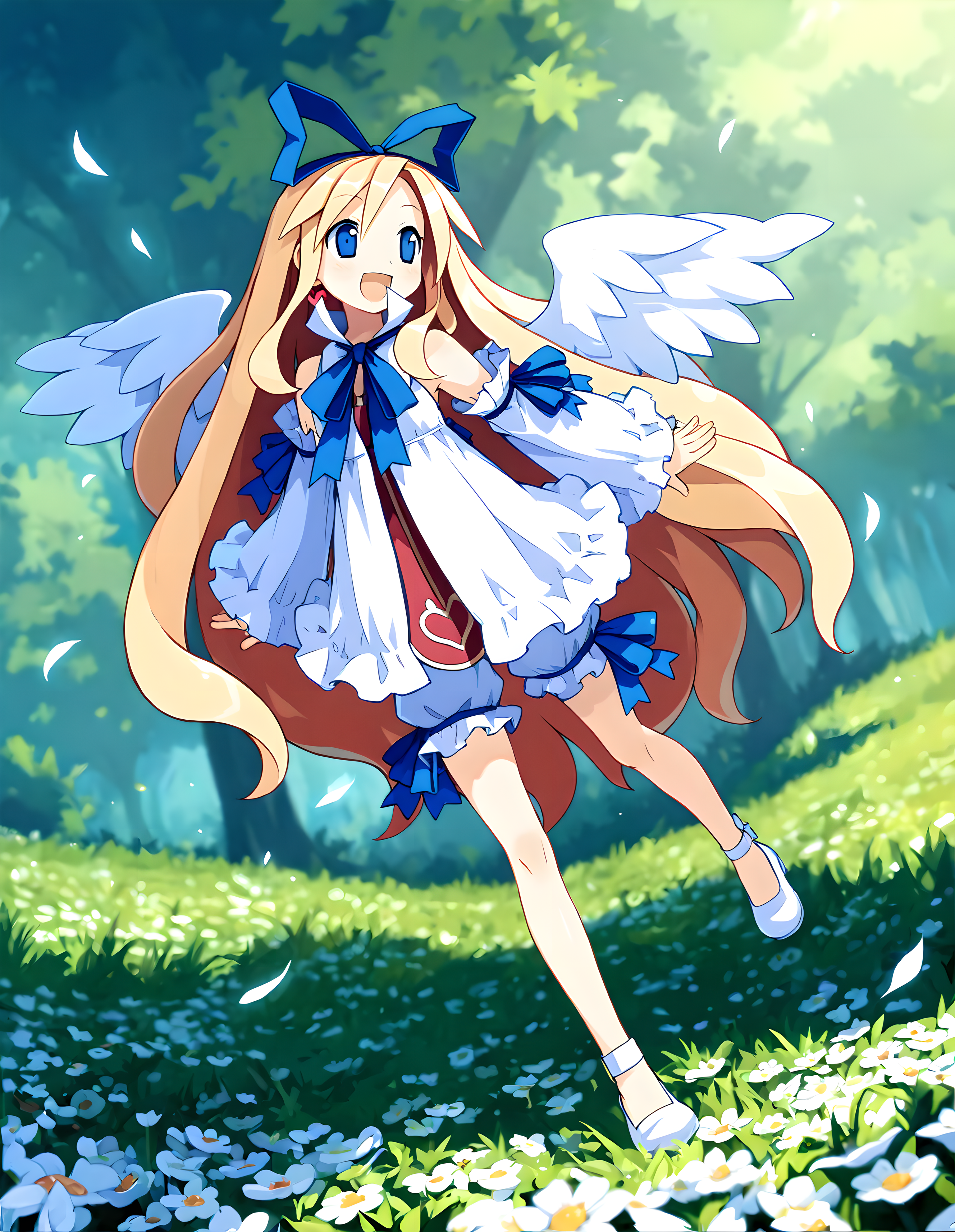 <lora:illustrious_XL_flonne:0.8>,flonne,masterpiece,best quality,good quality,1girl,solo,blue ribbon,blue eyes,angel wings,dress,frills,detached sleeves,white bloomers,shoes,nature,flower field,:d,