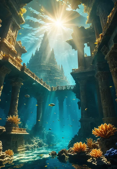 Underwater City of Atlantis: A lost city deep underwater. Buildings made of gold and coral, adorned with mythical creatures. Rays of light pierce through the water's depth, creating a play of shadows and glimmers. Sea creatures swim around, and in the distance, a huge underwater volcano looms. The atmosphere is mysterious and enigmatic --v 6.1