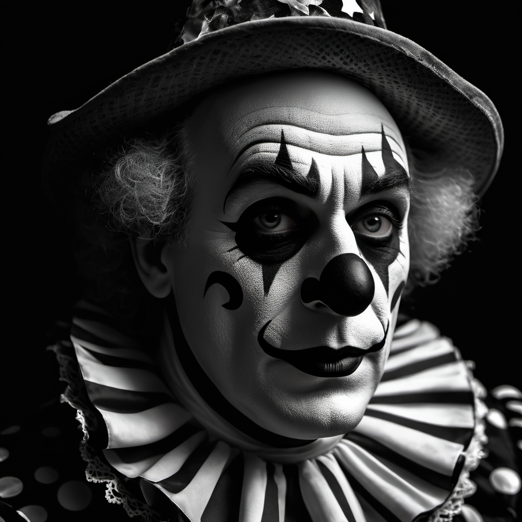 cinematic photo a black and white photo of a a sad clown, in the style of mario testino, contrasting lights and darks, paolo veronese, glamorous hollywood portraits, marc chagall, animated film pioneer, pentax 645n,deepdarkstudio,dark black background with a white gradient around the man,((high contrast:2)) <lora:Deep_Dark_Studio_XL-000003:0.5 . 35mm photograph, film, bokeh, professional, 4k, highly detailed