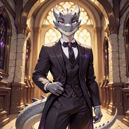 masterpiece, best quality, amazing quality, very aesthetic, solo,
kobold, furry dragon, tail, short stature,
1boy, male focus, grey skin, purple eyes, black formal costume,
looking at the viewer,
fantasy background, blurred background,
