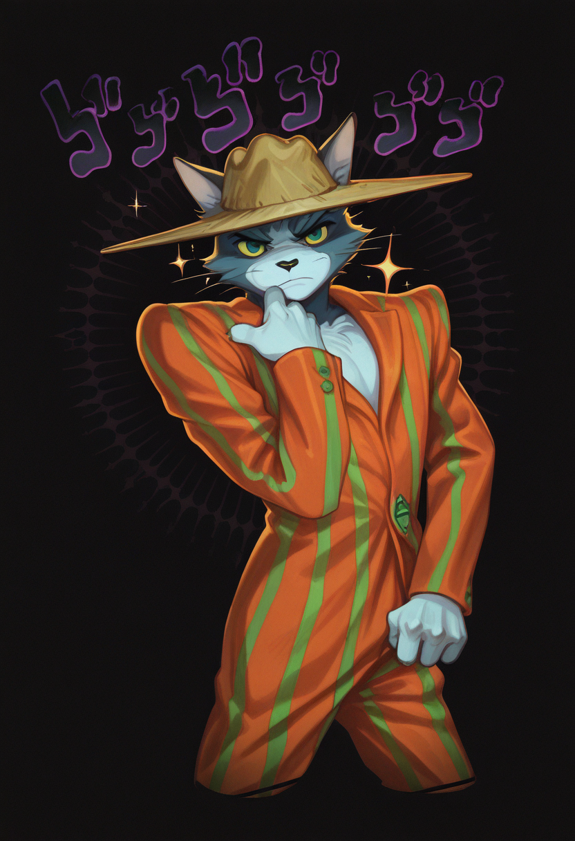 masterpiece, best quality, Graphic Design, color art, vibrant colors, colorful, intricate details, high contrast, detailed background, beautiful detailed, beautiful face, detailed eyes, detailed face, new, newest, z00tt0m, 1boy, solo, male focus, furry, cat, yellow sclera, green eyes, grey fur, whiskers, hat, formal, suit, striped jacket, striped pants, simple background, black background, cowboy shot, dynamic pose, orange aura, menacing, looking at viewer, serious face, g10rn0, pulling own clothes, jojo pose,