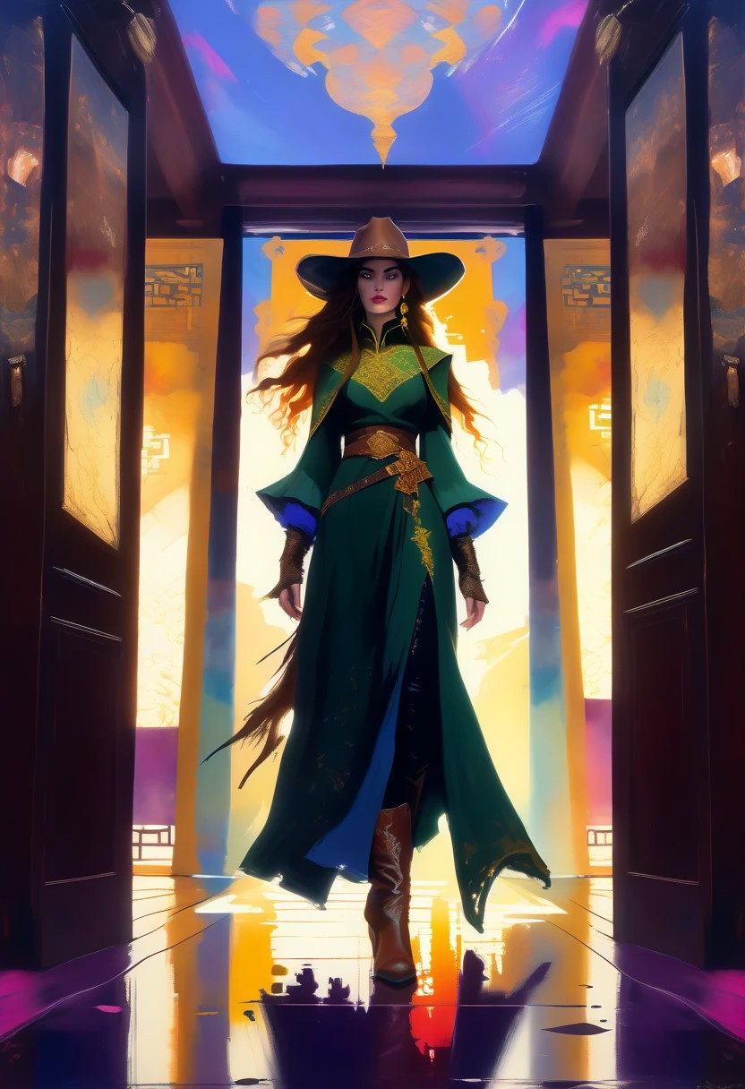 score_9, score_8_up, score_8_up, ((Cinematic composition)),((masterpiece)), (resplendent highlighting), 8k. Photorealistic
1girl, (full body). A stunningly beautiful elven girl walks through saloon doors. She’s wearing cowboy clothing on top of her elven garb. Bow on her back, quiver on her belt. Chaps, cowboy boots, Cowboy hat in her hand, (camera angle from below), deep rich colours, ((full body)) long hair, pointy ears. (resplendent spotlight on her face). Brilliant chaotic atmosphere.
Double exposure.
Ink, Charcoal and colourful oil pastels. impressionistic. faded watercolours (Klimt :1.2) dadaistic collage (by Bill Sienkiewicz:1.5), strikingly alluring face. brilliant spotlight effect. Vibrant thick dripping paint. Intense detail, realistic, dynamic shadows and contrasts. Matte and faded background colours. unreal parts, alluring, fluid, perfection, gothic. (Luminous skin dynamically spotlighted), Illustration, (klimt:0.8) (Bill Sienkiewicz:1.5). maximum detail, Chinese watercolor and ink technique. Gold leaf highlights.
<lora:xl_more_art-full_v1:0.4> <lora:epi_noiseoffset2:1>3