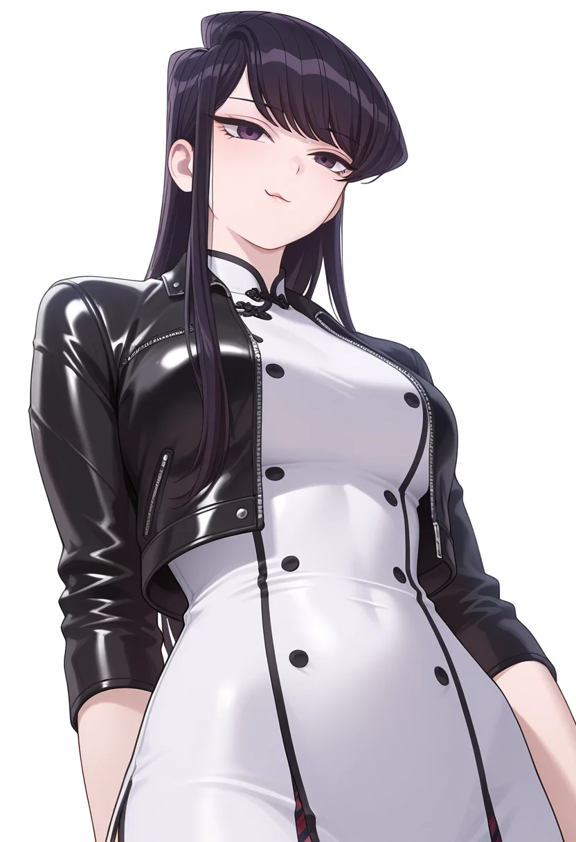 Smooth Quality,masterpiece,very intricate, high quality details, ultra realistic, high detailed skin,detailed enviorement,
simple background, white background,from below,;q,
cheongsam skirt, ,double-breasted jacket, ,biker jacket, , <lora:Komi_Shouko_cnn:0.8> komi shouko, 1girl,black hair, long hair, bangs, purple eyes,